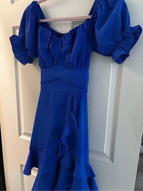 Royal Blue Puff-Sleeve Mini Dress with Ruffle Trim